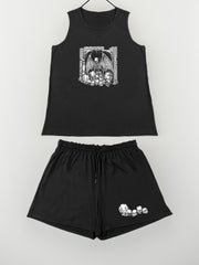  Gothic Skull Print Round Neck Tank Top & Shorts Pajama Set