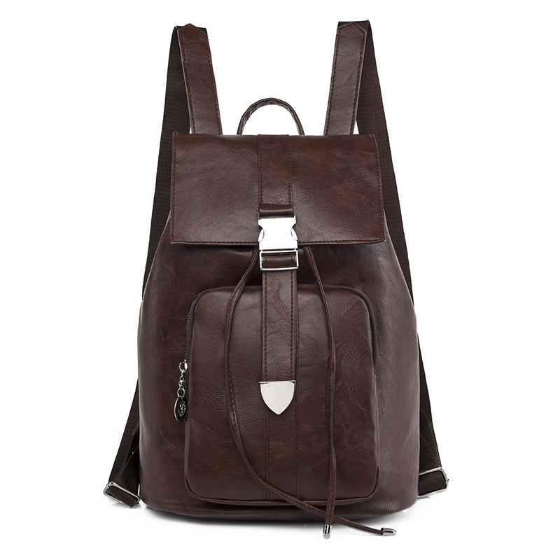 Retro Drawstring Large Capacity Backpack PU Leather Textured School Travel Bag