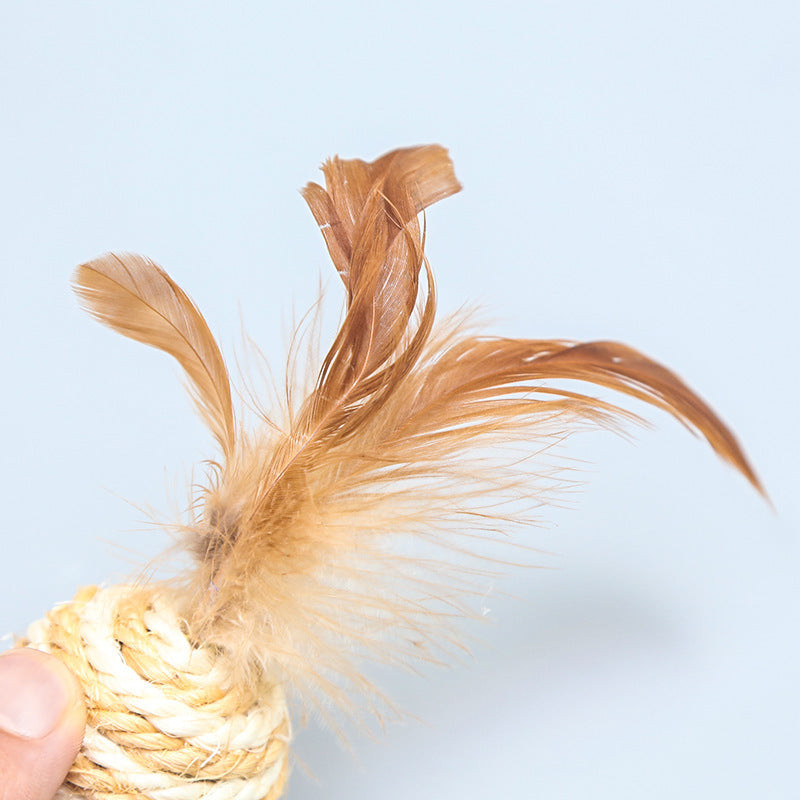 Sisal Cat Teasing Ball Toy With Feather - Cat Scratch Resistant Toy