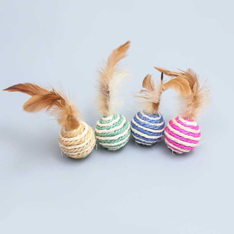 Sisal Cat Teasing Ball Toy With Feather - Cat Scratch Resistant Toy