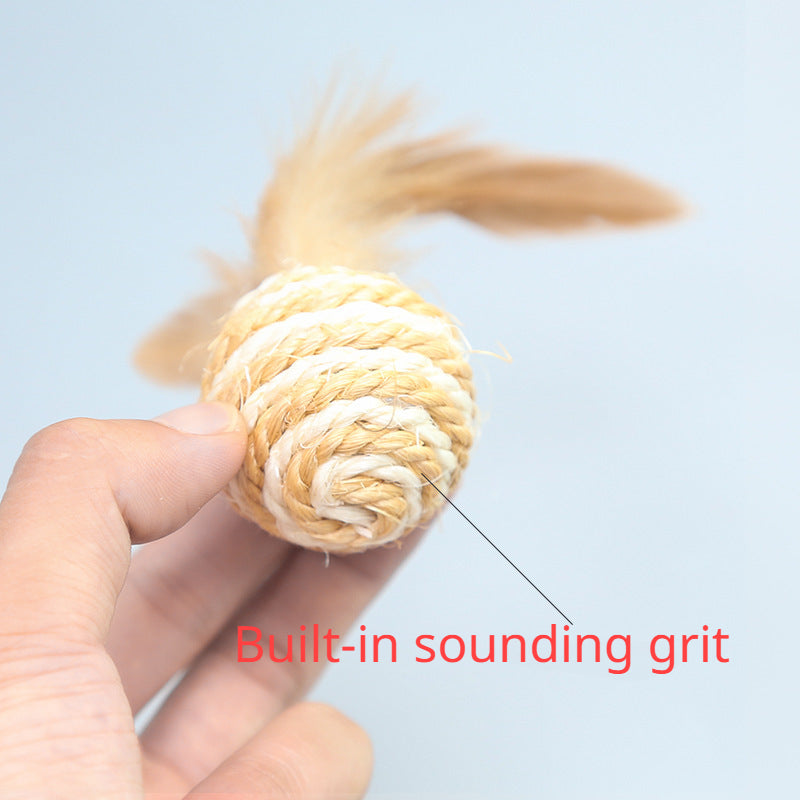 Sisal Cat Teasing Ball Toy With Feather - Cat Scratch Resistant Toy