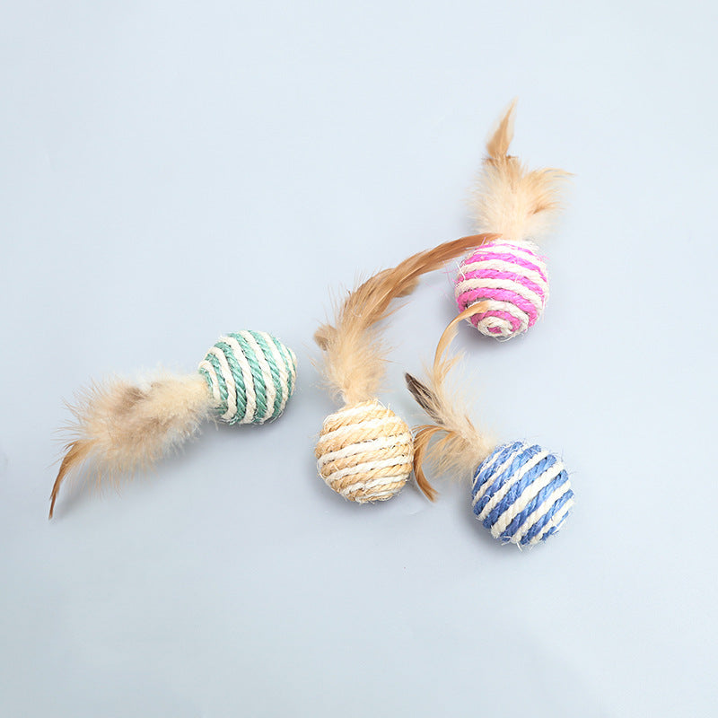 Sisal Cat Teasing Ball Toy With Feather - Cat Scratch Resistant Toy