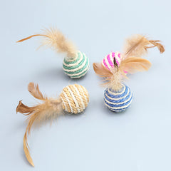Sisal Cat Teasing Ball Toy With Feather - Cat Scratch Resistant Toy