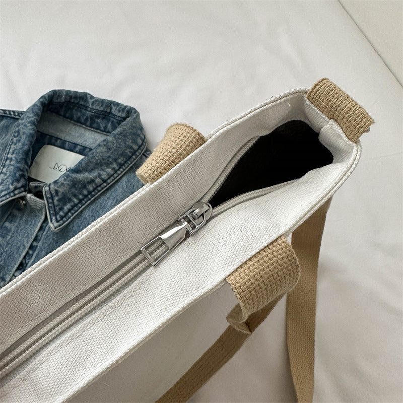 Vintage Canvas Tote Bag Large Capacity Handbag Casual Contrast Crossbody Bag