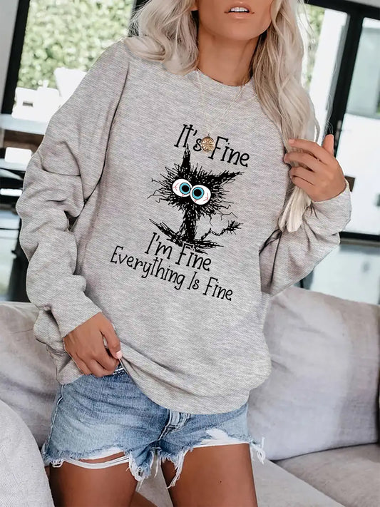 Crazy Cat Print Pullover Sweatshirt for Fall & Winter