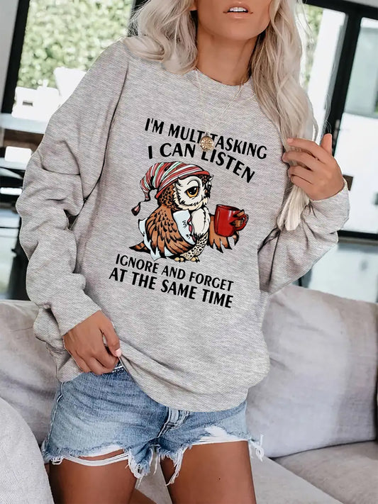 Owl & Letter Print Pullover Sweatshirt Casual Loose Long Sleeve Sweatshirt