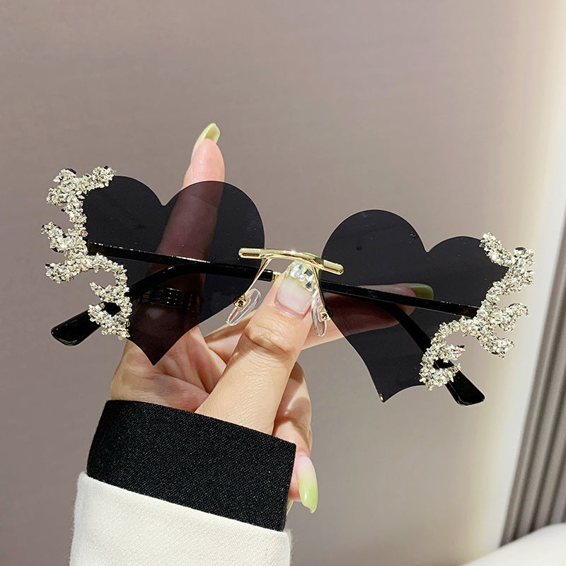 Y2K Glitter Heart Sunglasses Love Rimless Dopamine Shades Party Club Glasses