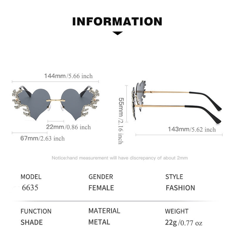 Y2K Glitter Heart Sunglasses Love Rimless Dopamine Shades Party Club Glasses