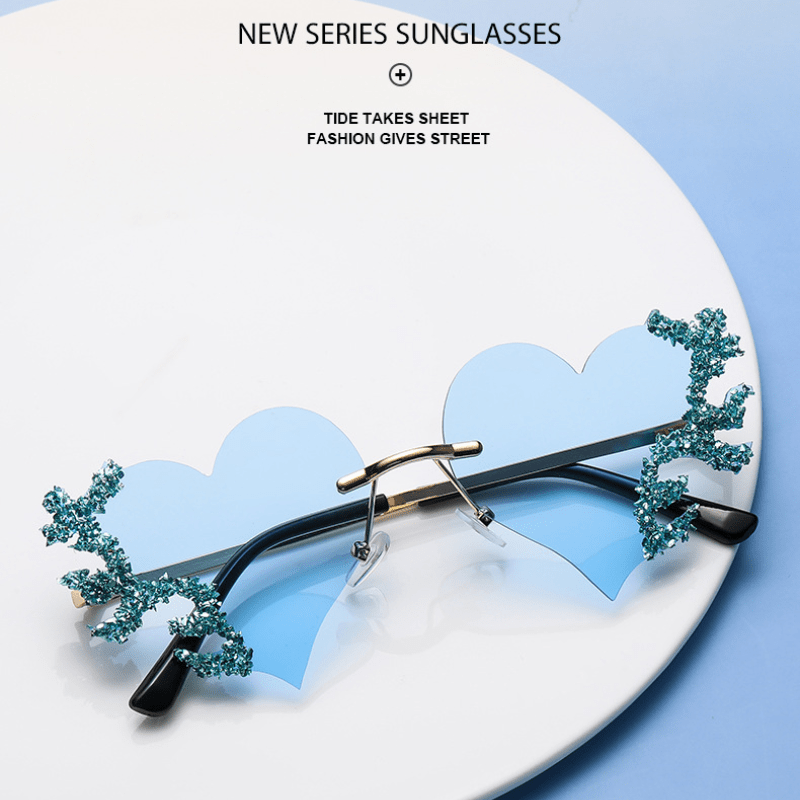 Y2K Glitter Heart Sunglasses Love Rimless Dopamine Shades Party Club Glasses