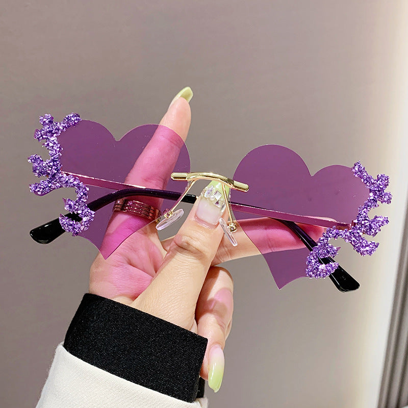 Y2K Glitter Heart Sunglasses Love Rimless Dopamine Shades Party Club Glasses