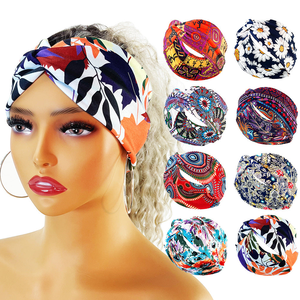 Boho Printed Headband Knotted Hair Wrap Sweat Absorbing Elastic Hair Scarf