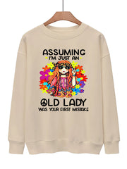 Girl & Letter Print Pullover Sweatshirt Casual Drops Shoulder