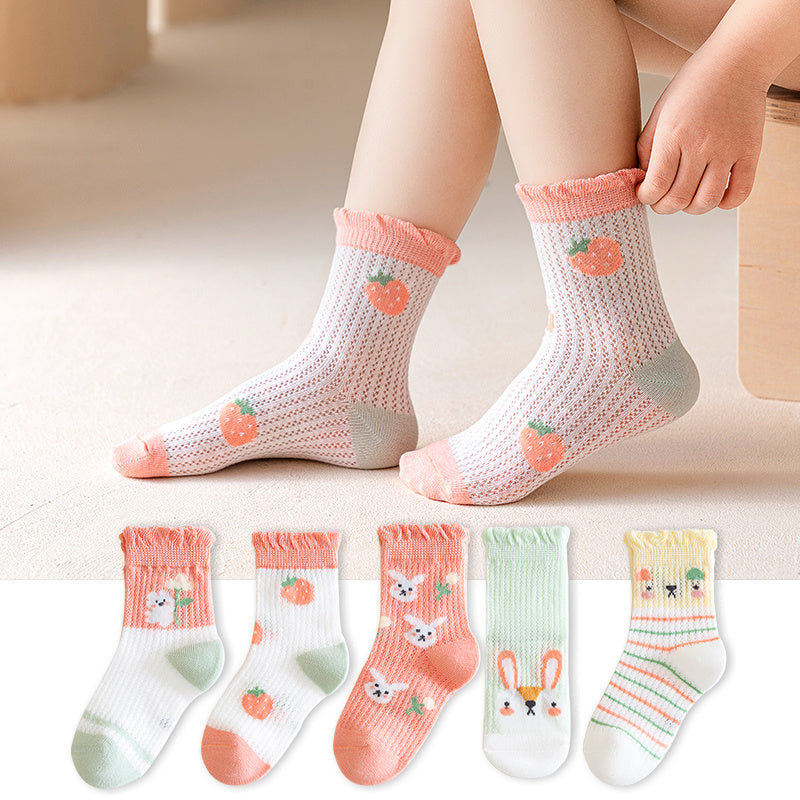 5 Pairs Girls Kids Cartoon Pattern Sweet Socks for Spring Summer