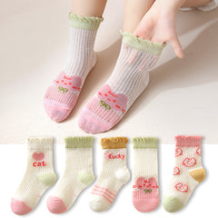 5 Pairs Girls Kids Cartoon Pattern Sweet Socks for Spring Summer