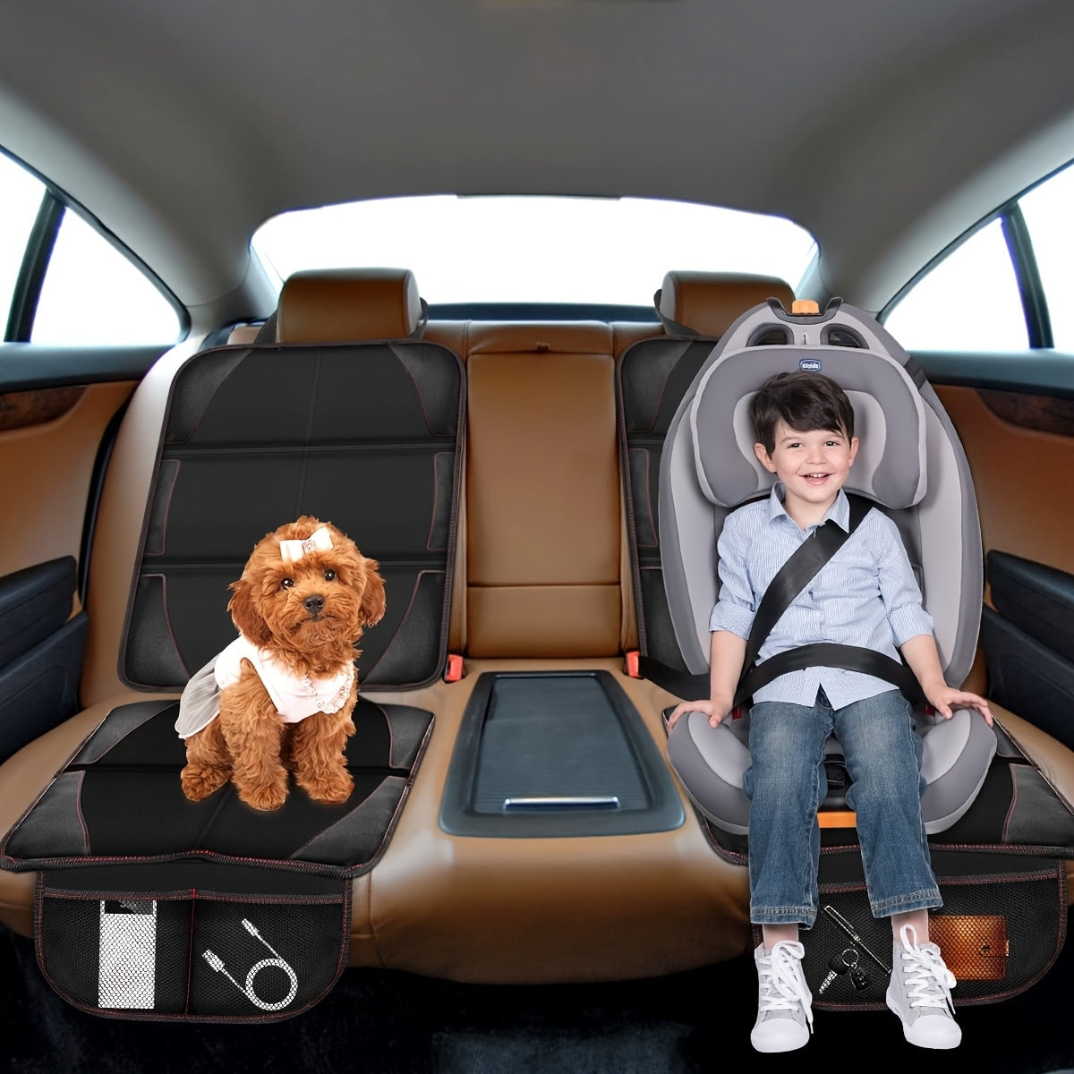 Car Seat Protector with 2 Mesh Pockets, Waterproof 600D Fabric