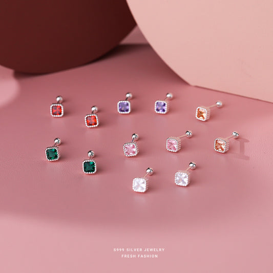 12pcs S999 Silver Colorful Zircon Stud Earrings Set Minimalist Ear Jewelry Gift