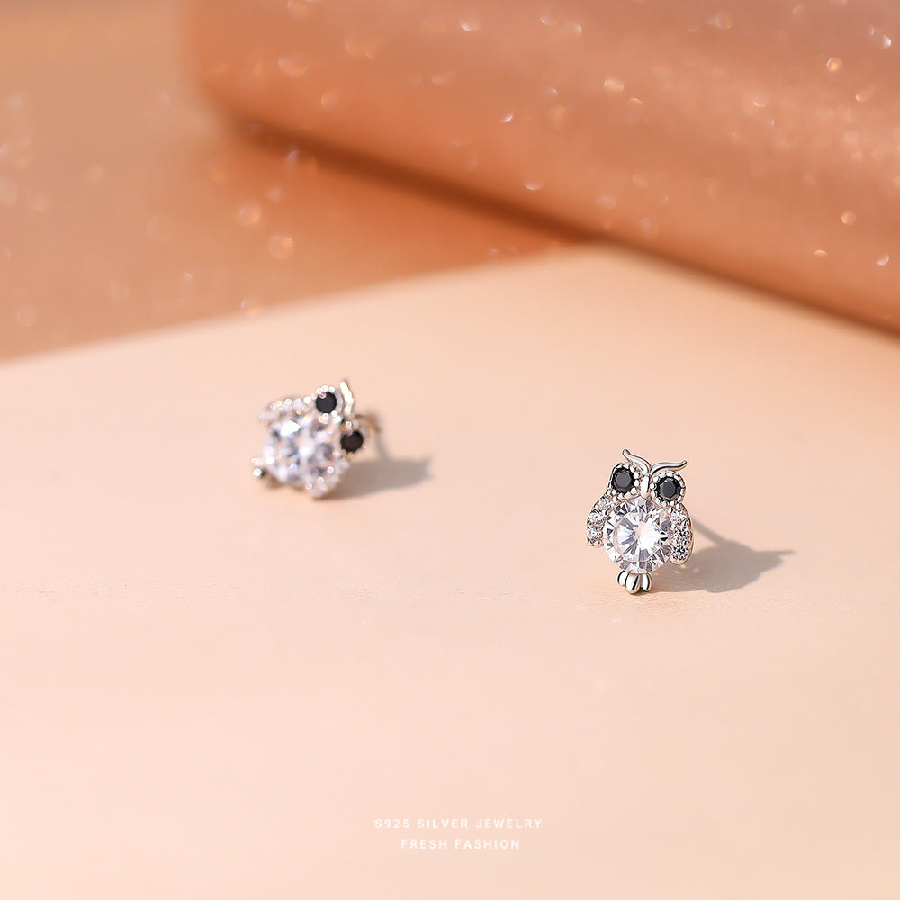 S925 Silver Zircon Owl Stud Earrings Holiday Party Gift