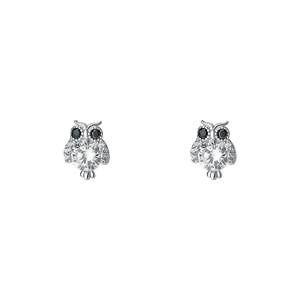 S925 Silver Zircon Owl Stud Earrings Holiday Party Gift