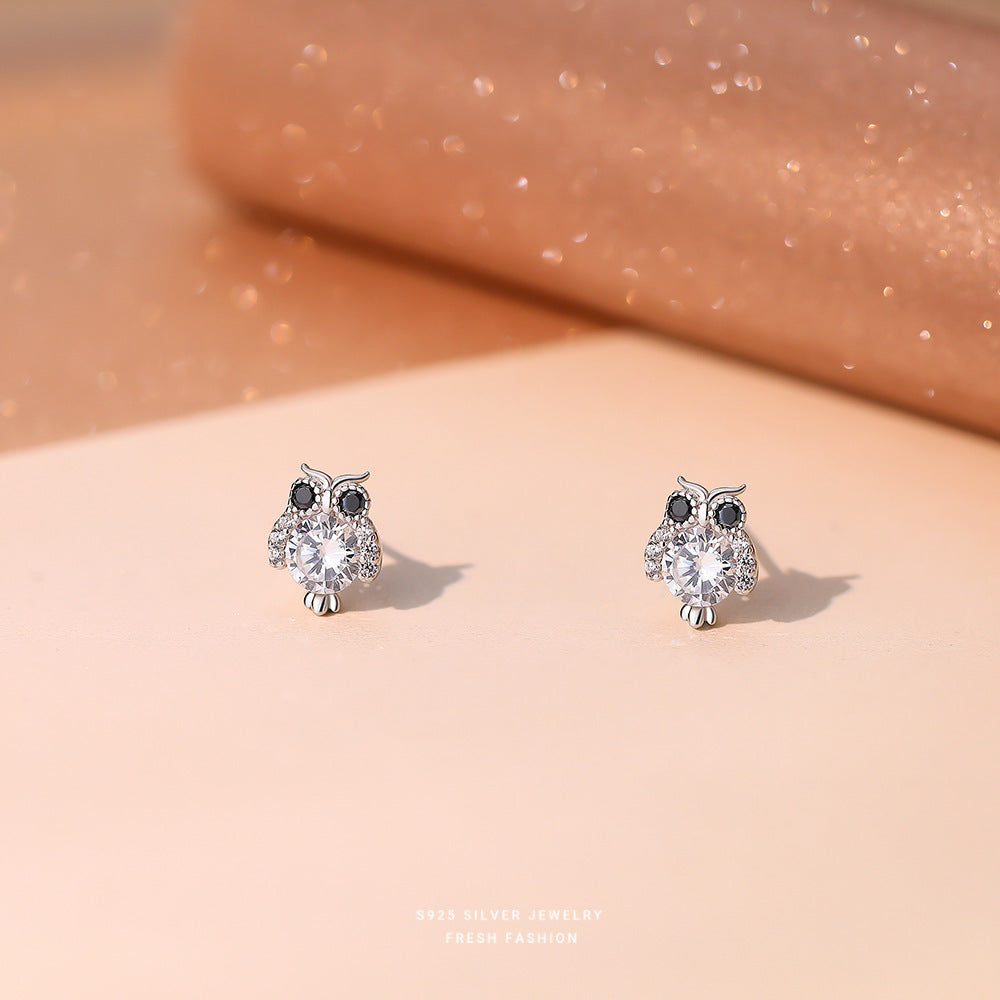 S925 Silver Zircon Owl Stud Earrings Holiday Party Gift