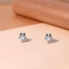 S925 Silver Zircon Owl Stud Earrings Holiday Party Gift