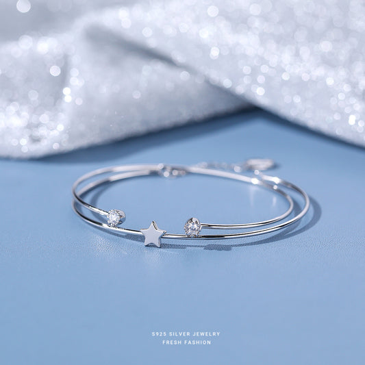 S925 Silver Star Zircon Double Layer Bangle Stackable Line Hand Jewelry