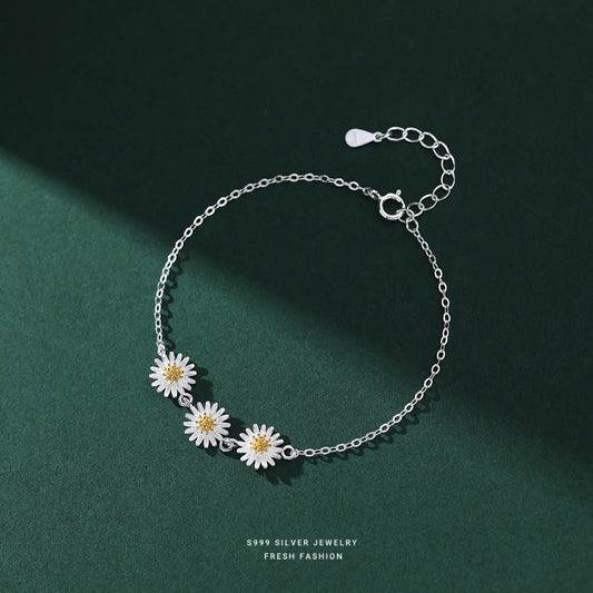 S925 Flower Daisy Decor Bracelet Silver Hand Jewelry Girls Gift