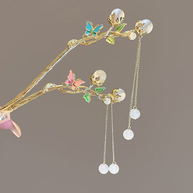 Colorful Butterfly Hair Stick with Faux Pearl Tassel