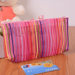 Colorful Striped Mesh Makeup Bag Travel Cosmetics Organizer