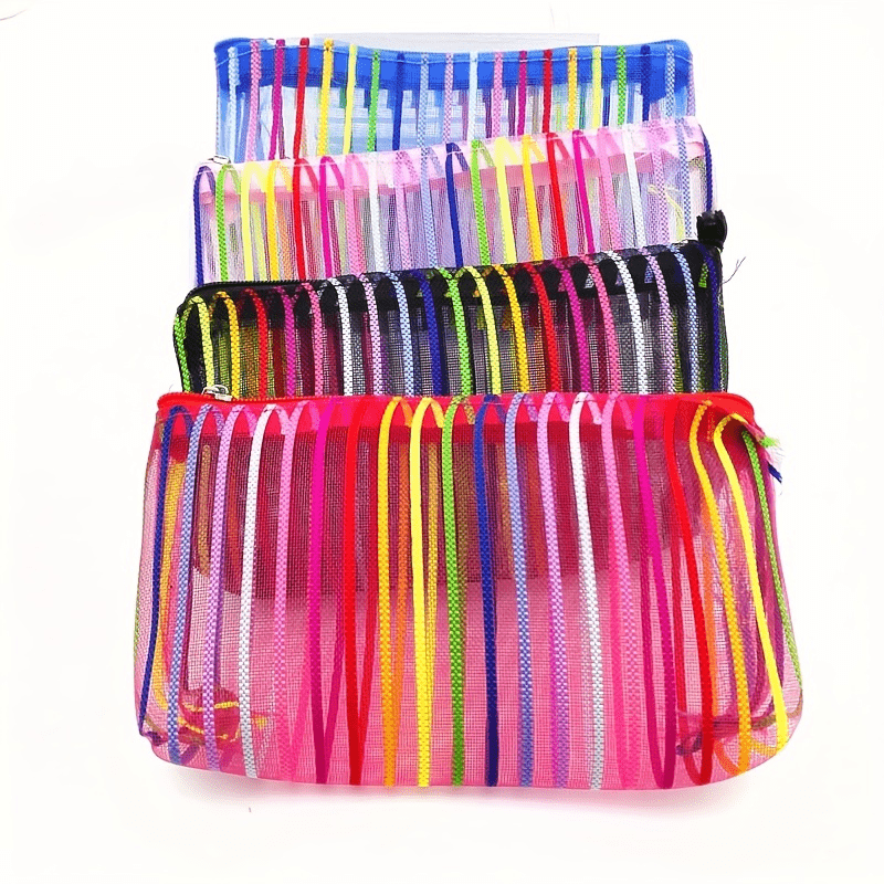 Colorful Striped Mesh Makeup Bag Travel Cosmetics Organizer