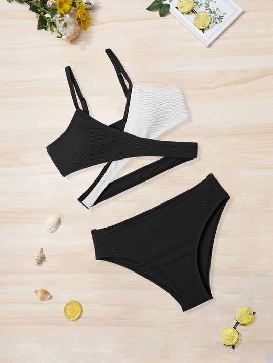 Girl's Ribbed Bikini Set Cross Cami Top & Briefs Stretchy Bathing Suit