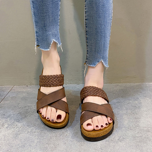 Women's Cork Buckle Flip Flops Thick Bottom Beach Shoes