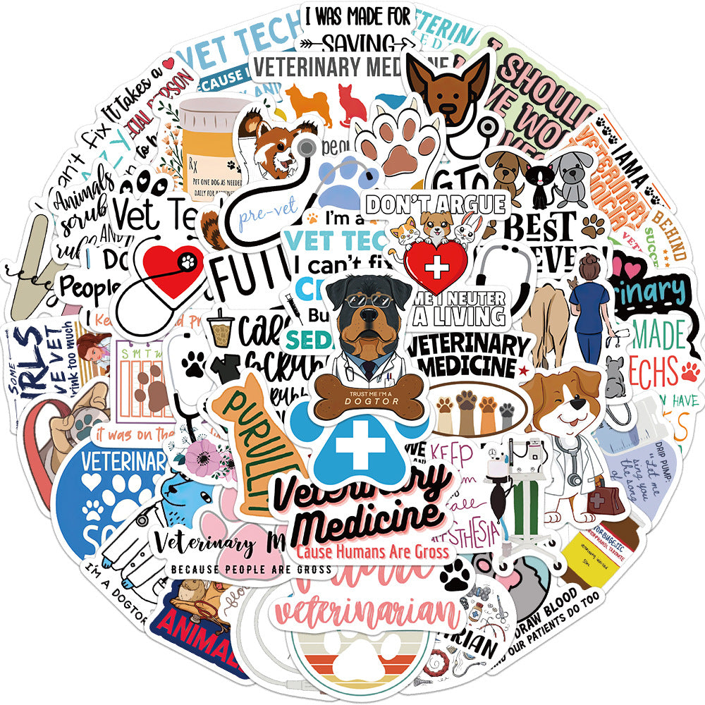 50 Cartoon Vet Stickers Waterproof Reusable DIY Room Decor Phone Computer
