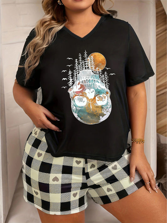 Skull & Trees Print V Neck Pajama Top Plus Size Halloween Goth Loungewear