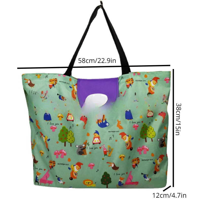 Cartoon Print Foldable Tote Bag Large Capacity for Travel Picnic Beach