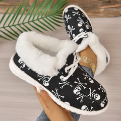 Women's Skull Print Snow Boots Plush Lined Halloween Ankle Boots