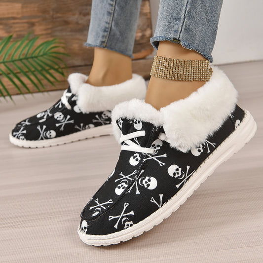 Women's Skull Print Snow Boots Plush Lined Halloween Ankle Boots
