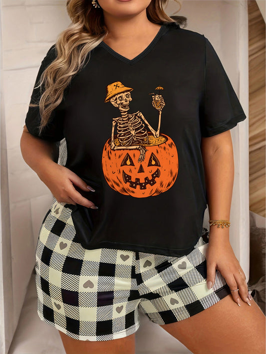  Halloween Loungewear Top Women's  Short Sleeve V Neck Pajama