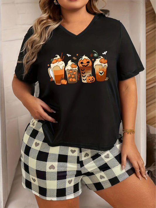  Halloween Loungewear Top Women's Bat & Pumpkin Drinks Print Pajama Top