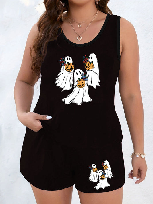  Halloween Lounge Set Ghost & Pumpkin Print Tank Top & Shorts