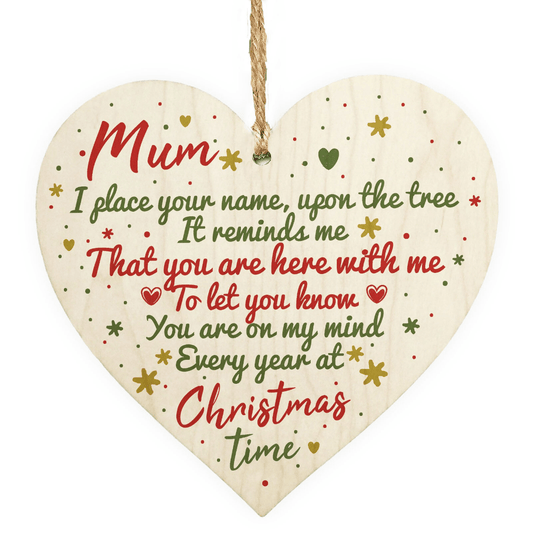 Mum Memorial Christmas Tree Bauble Decoration Wooden Heart Sign