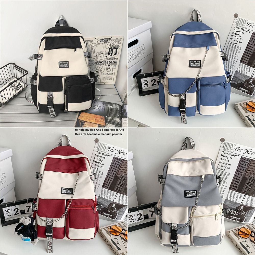 Colorblock Zipper Backpack Preppy School Bag Chain Decor Daypack