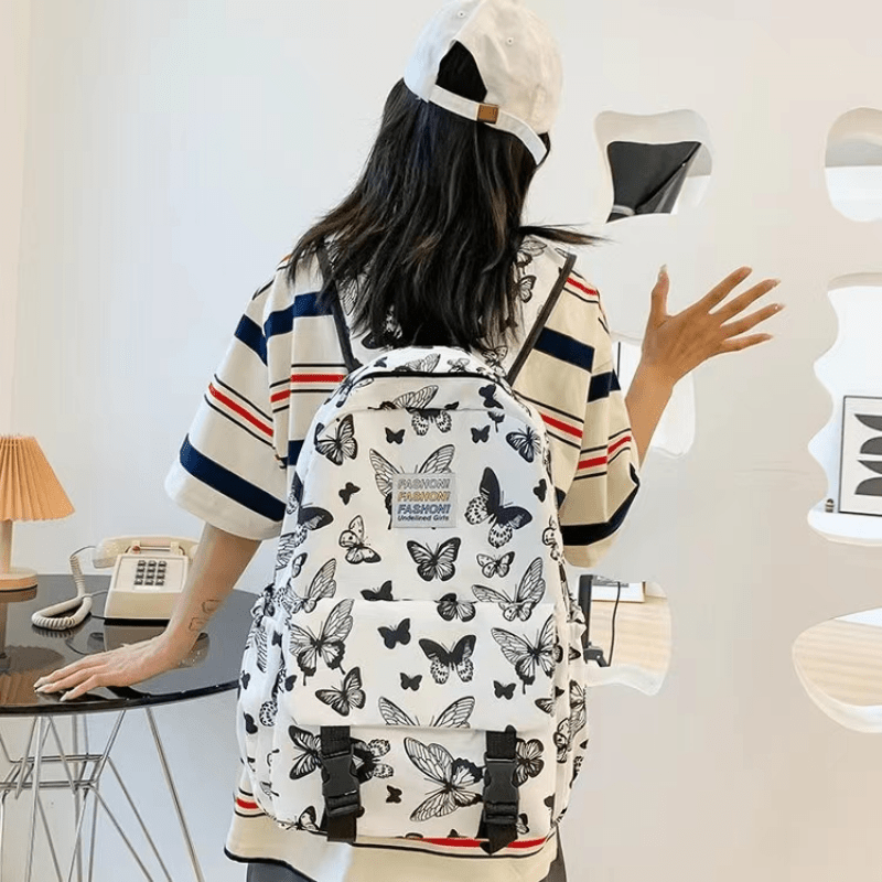 Butterfly Print Large Capacity Backpack Canvas Lightweight School Travel Bag