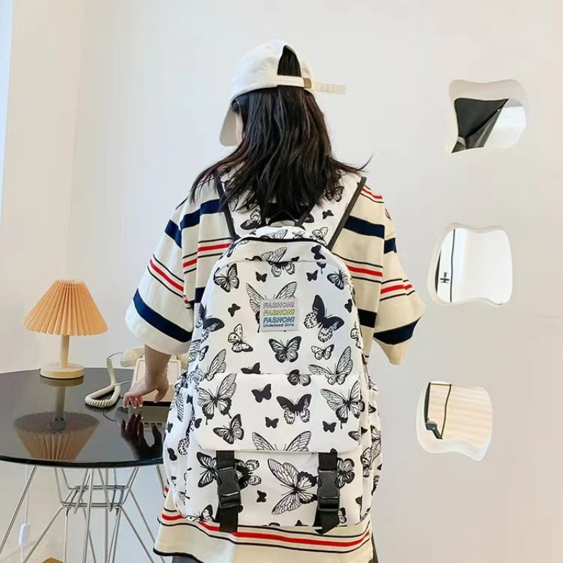 Butterfly Print Large Capacity Backpack Canvas Lightweight School Travel Bag