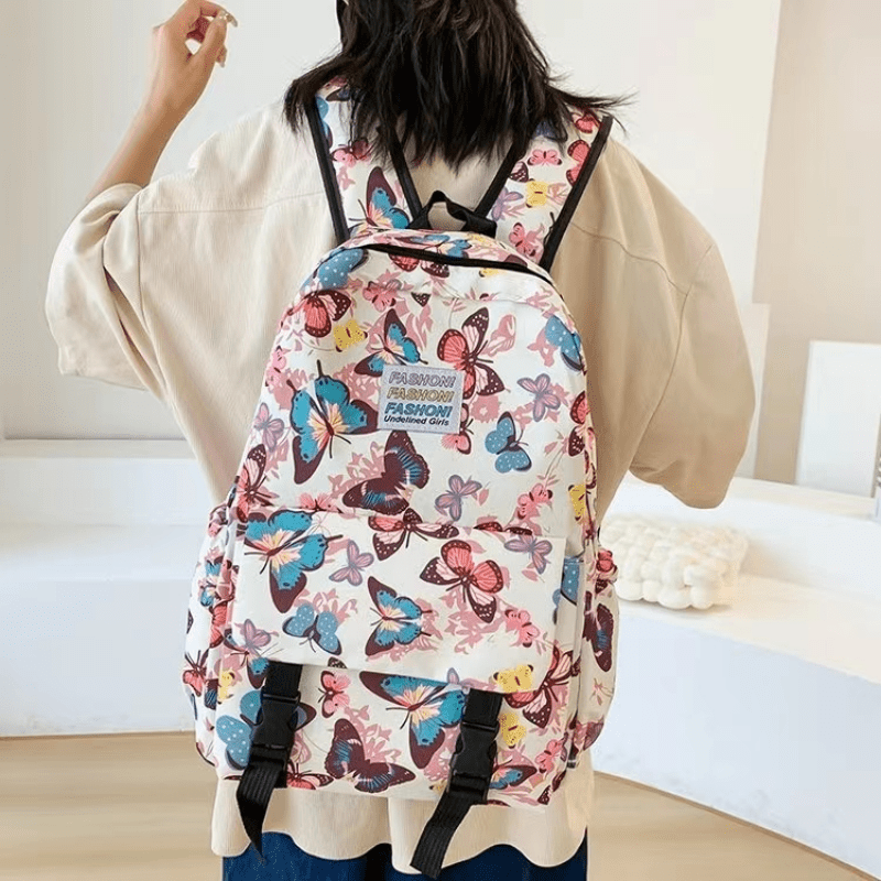 Butterfly Print Large Capacity Backpack Canvas Lightweight School Travel Bag