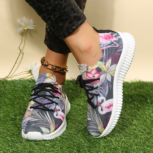 Women's Flamingo & Flower Print Sneakers Lightweight Low Top Trainers