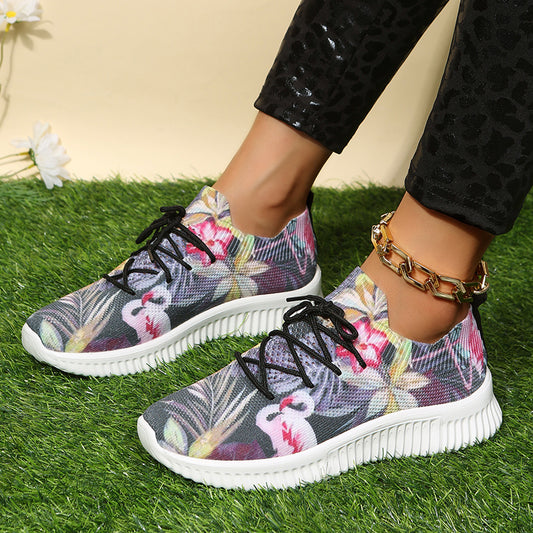Women's Flamingo & Flower Print Sneakers Lightweight Low Top Trainers