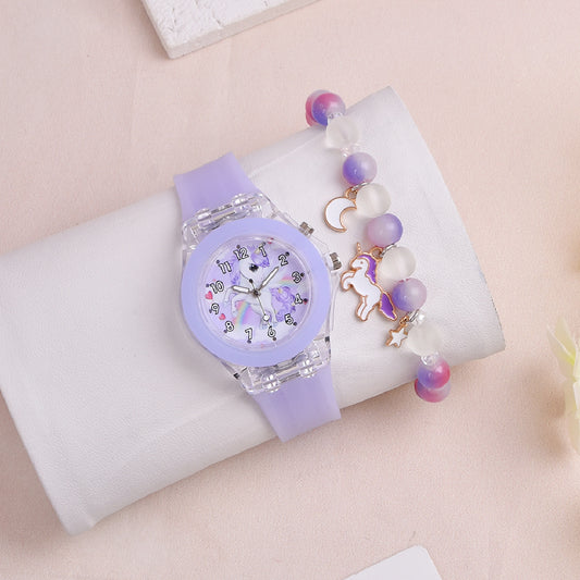 LED Unicorn Watch & Crystal Bracelet Set for Girls