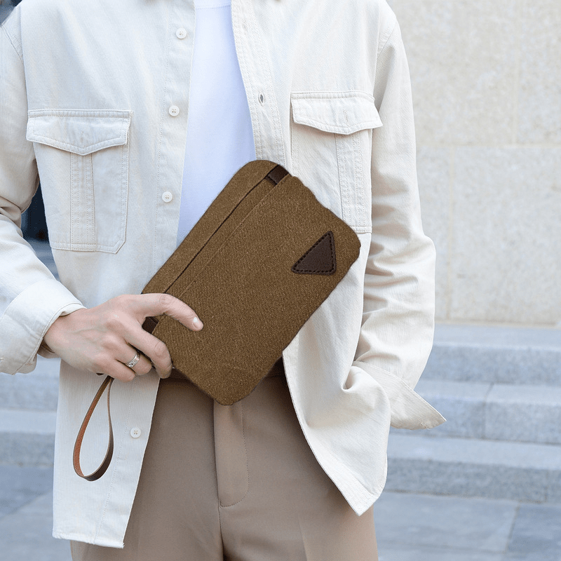 Men's Canvas Clutch Bag Envelope Handbag Large Capacity PU Card Holder