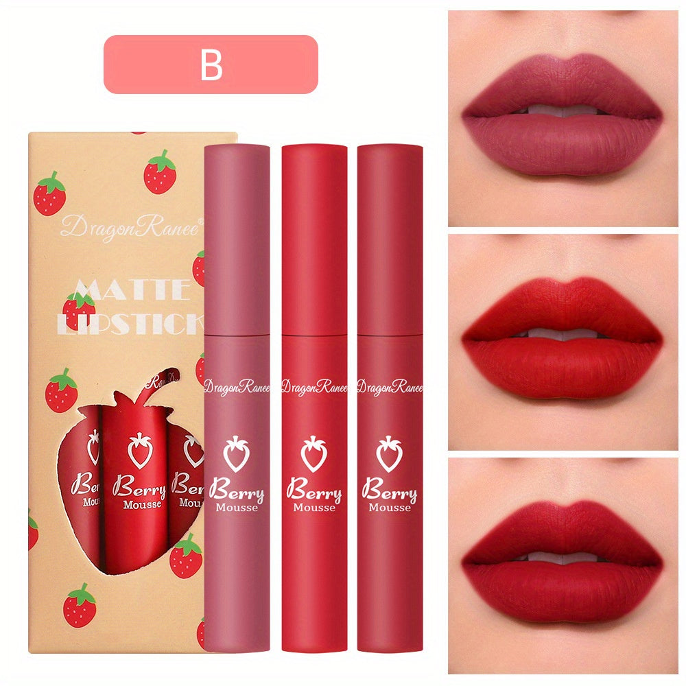 3 Colors Strawberry Berry Matte Lipstick Softness Velvet Matte Lip Gloss