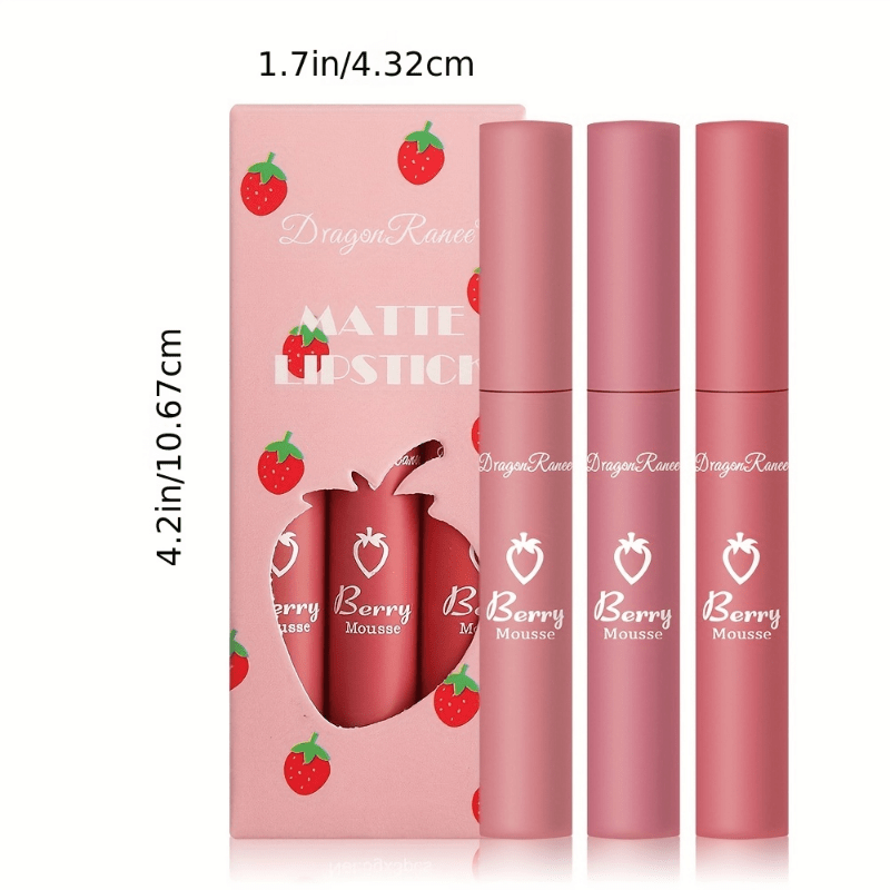 3 Colors Strawberry Berry Matte Lipstick Softness Velvet Matte Lip Gloss